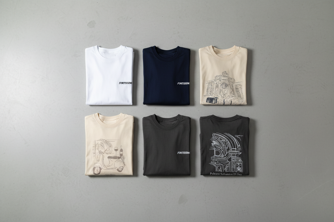 Fortissimo T-shirts collectie gevouwen editorial flat lay met Italiaanse prints en verschillende katoenen stoffen