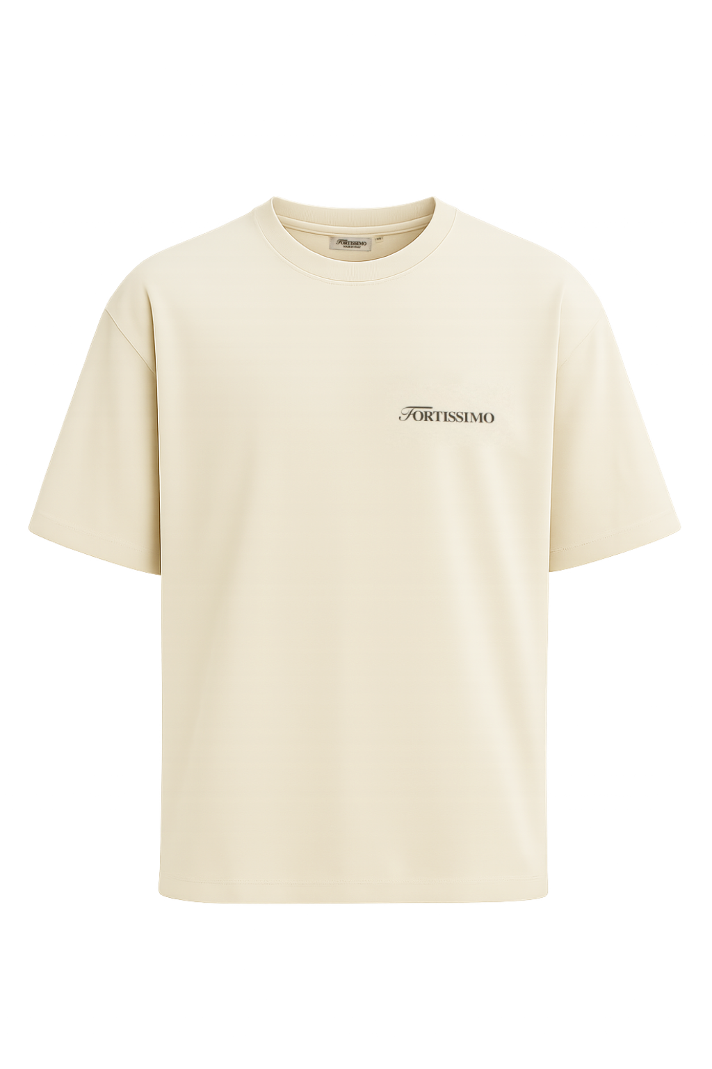 The front of the oversized Fortissimo T-shirt in creme, with the Fortissimo logo on the front 