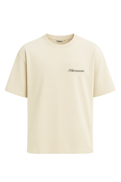 The front of the oversized Fortissimo T-shirt in creme, with the Fortissimo logo on the front 