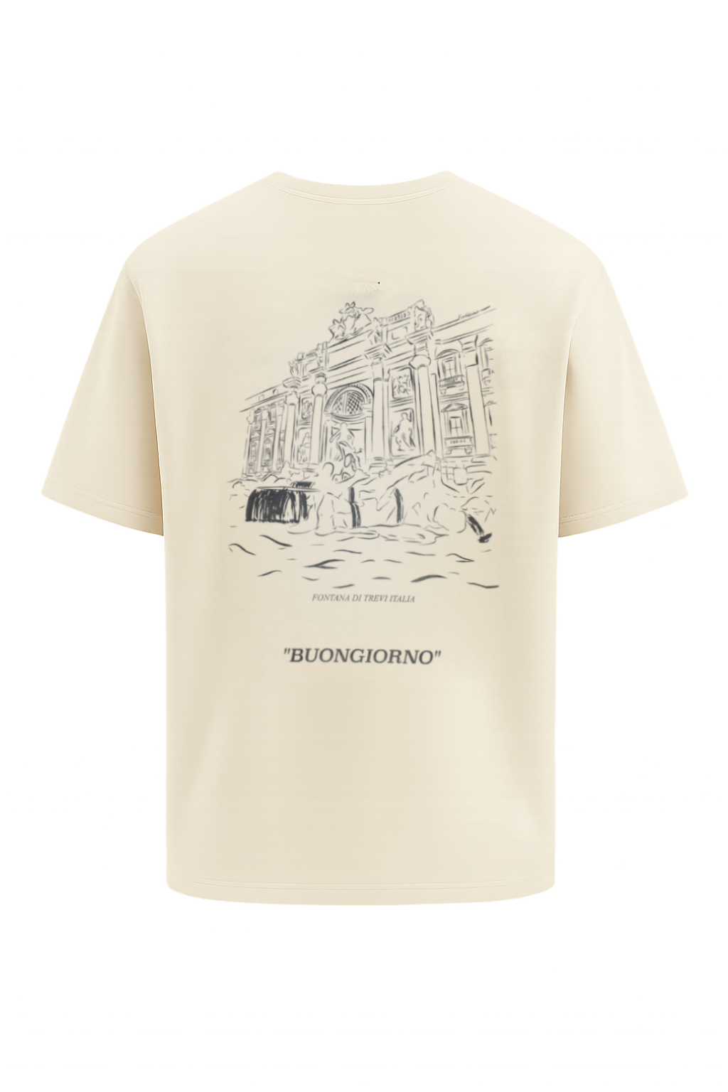 The back of the oversized Fortissimo T-shirt in creme with the Trevi fountain on the back, in a dark blue print. 