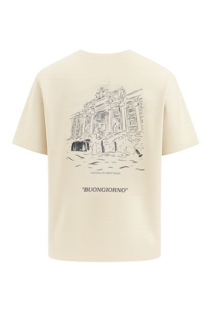 The back of the oversized Fortissimo T-shirt in creme with the Trevi fountain on the back, in a dark blue print. 