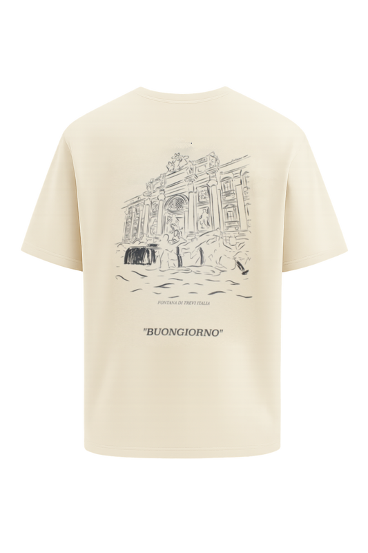 The back of the oversized Fortissimo T-shirt in creme with the Trevi fountain on the back, in a dark blue print. 