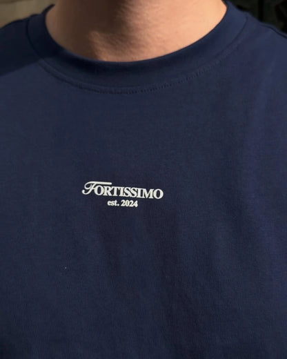 Navy blue t-shirt with 'Fortissimo est. 2024' logo on a plain background