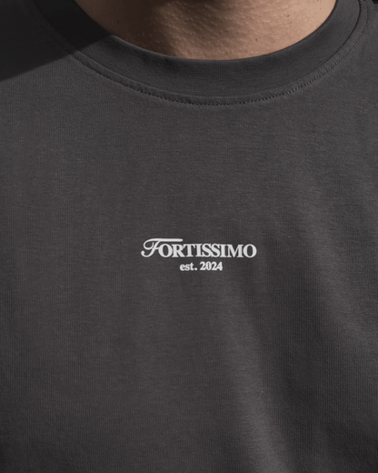 Dark gray t-shirt with 'Fortissimo est. 2024' logo on a plain background