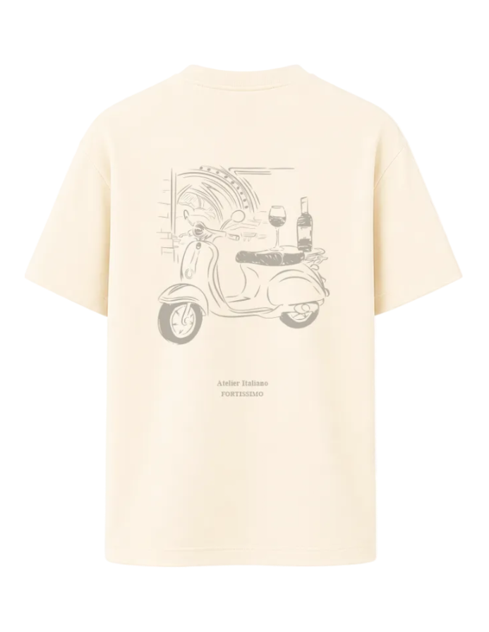 Beige t-shirt with Vespa graphic and wine design on a white background