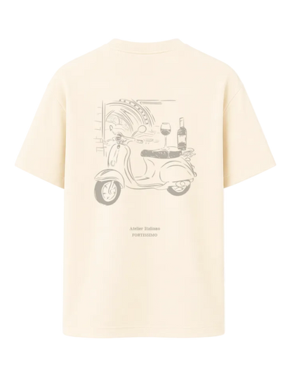 Beige t-shirt with Vespa graphic and wine design on a white background