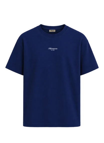 Blue t-shirt with a small white logo on a transparent background
