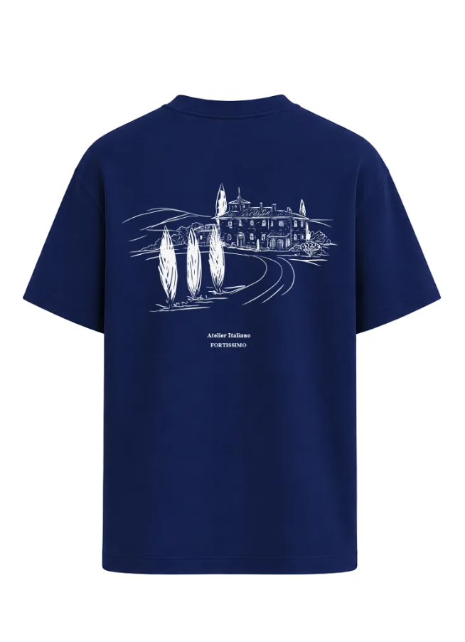 Navy blue t-shirt with white graphic design on a transparent background