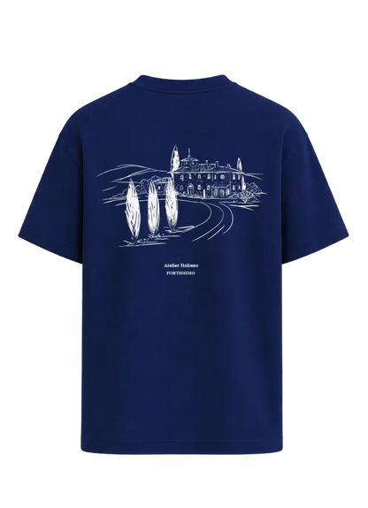 Navy blue t-shirt with white graphic design on a transparent background