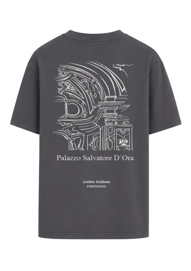 Gray t-shirt with white graphic design and text on a transparent background