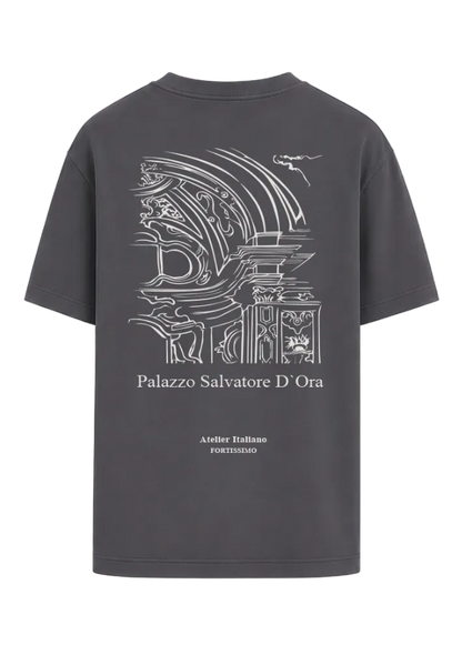 Gray t-shirt with white graphic design and text on a transparent background