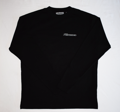 Showing the front of the black Venezia Longsleeve, with the Fortissimo logo in white on the front. 